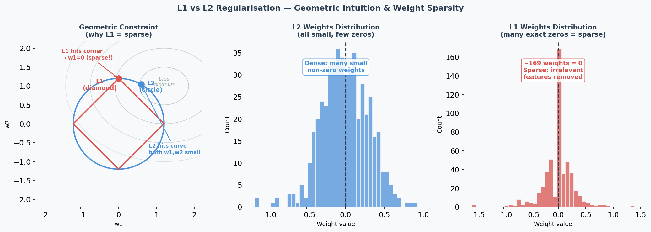 L1 vs L2 — geometric constraint and weight sparsity